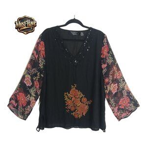 New York City Design Co. 3X Silk Blouse Floral Embroidered Sheer Sleeve Boho 🖤